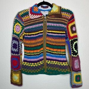 Vintage Express Tricot Rainbow Multicolor Granny Square Crochet Knit Cardigan